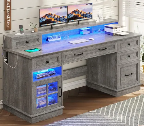 BTHFST Escritorio ejecutivo estilo granja con cajón para archivos, escritorio para computadora con estación de carga y luces LED, escritorio de Gris