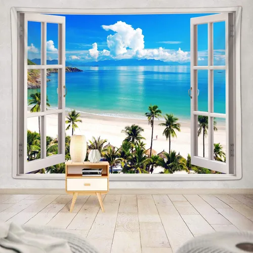 Sanzugh - Tapiz de pared de playa del océano, arte de ventana falsa de naturaleza del mar de Hawái, tapices para colgar en dormitorio, dormitorio