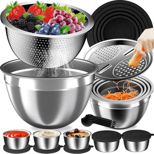 Miniatura 10 de Nicdiet Juego de tazones para mezclar con tapas, 16 cuencos de acero inoxidable, cuencos de almacenamiento anidables para cocina con tazón