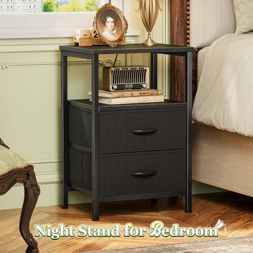 Miniatura 4 de Huuger Mesita de noche con 2 cajones, mesa auxiliar de cama con estante abierto, parte superior de madera, mesita de noche para dormitorio, mesa