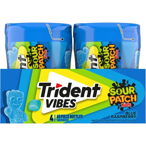 Miniatura 13 de Trident Vibes SOUR PATCH KIDS - Goma de mascar sin azúcar de frambuesa azul, 4 botellas de 40 piezas (160 piezas en total)