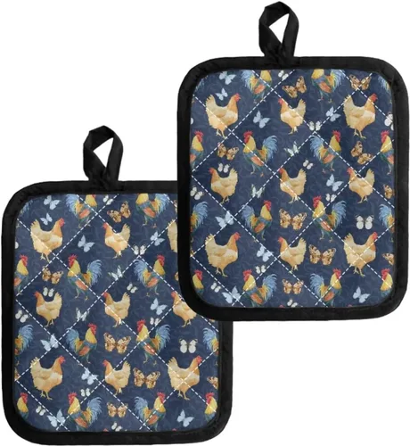 UNICEU Porta ollas de mariposa con diseño de gallo, 2 paquetes para cocina, hornear, parrilla, cocinar, resistentes al calor, almohadillas calientes