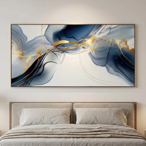 Miniatura 4 de HUADAOART Arte para pared, pintura abstracta, arte moderno, fondo dorado y azul, impresiones en lienzo para sala de estar, dormitorio, obras de arte