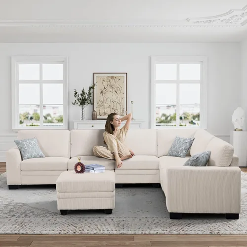 Miniatura 3 de Legend Vansen Sofá Seccional Modular de Gran Tamaño, Sofá en Forma de U de 7 Asientos con Otomana, Sofá de Pana con Asiento Profundo, Sofás Crema