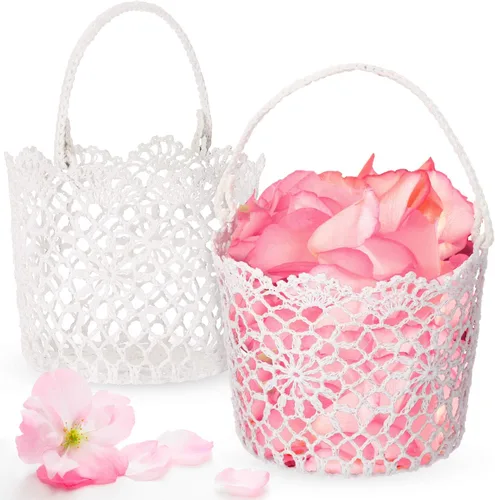 Miniatura 7 de WILLBOND 2 cestas de flores para boda, pequeña canasta blanca con asa para boda, pétalos de flores, confeti, 5.90 x 4.72 x 4.33 pulgadas