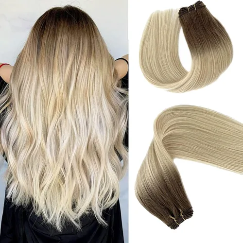 Miniatura 20 de Extensiones de trama de cabello humano real, para coser, con mechas rubias, cabello Remy marrón cenizo mezclado con rubio platino, atado a mano - 14