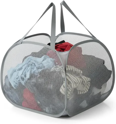 Miniatura 8 de Kimmama Cesta de lavandería plegable grande de malla, plegable con bolsillo lateral, contenedor de almacenamiento de ropa extraíble con asa