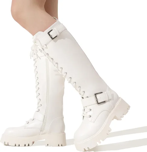 Miniatura 7 de DREAM PAIRS Botas altas de combate para mujer, plataforma de equitación, con cordones, suela de orejeta, gótica, con cremallera