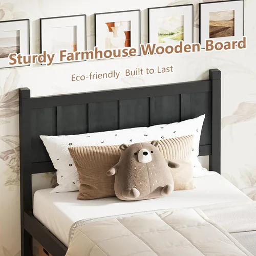 Miniatura 4 de Bellemave Cama de panel plano de tamaño individual con cabecero y estribo, cama de plataforma minimalista y moderna con acabado de grano de madera