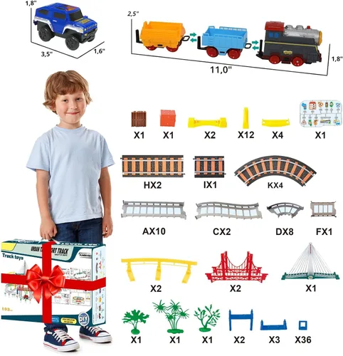Miniatura 6 de Juego de tren eléctrico para niños de 4 a 8 años con juego de pistas de tren y pistas de automóvil, puente iluminado, señal de tráfico, sonido