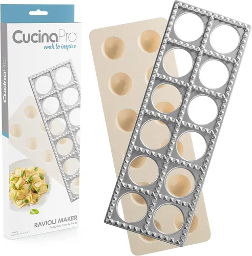 Máquina de ravioles de Cucina Pro - Incluye bandeja y herramienta de prensa - Hace 12 raviolis italianos auténticos a la vez, cuadrados XL de 1 3/4