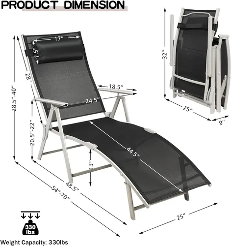 Miniatura 3 de Giantex Tumbona para exterior, silla de playa plegable reclinable con cojín extraíble y almohada para reposacabezas, tumbona de descanso al aire