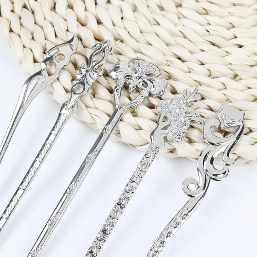 Miniatura 3 de Lawie Paquete de 14 palillos de metal plateado vintage retro antiguo chino japonés plateado para el cabello, púas largas y rectas talladas cuerno