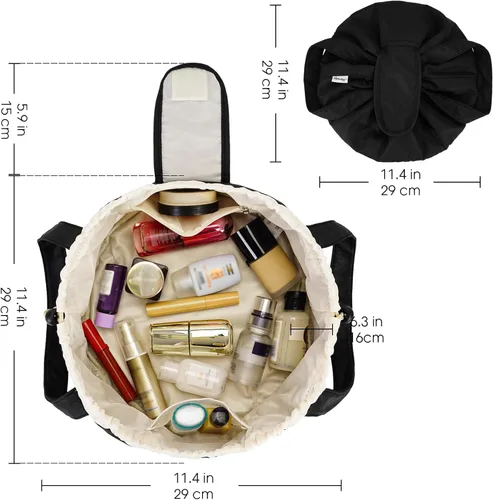 Miniatura 6 de Bolsa de maquillaje con cordón en forma de barril grande, bolsa de cosméticos, organizador de artículos de tocador para mujeres, A-Negro