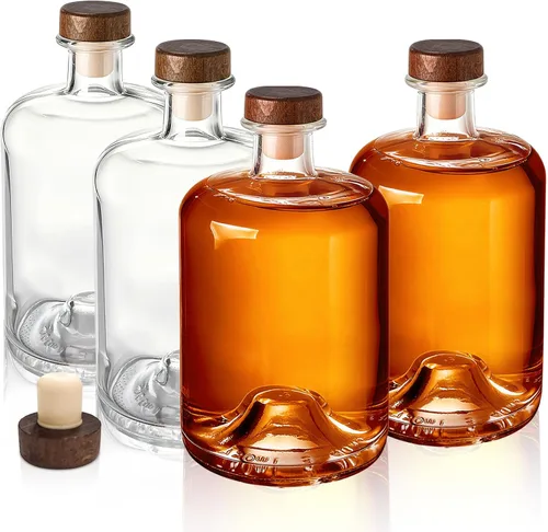 WRINGKIT Paquete de 4 botellas de licor de vidrio, botellas de vino transparentes de 25 onzas con tapón de corcho en T, dispensador de botellas de