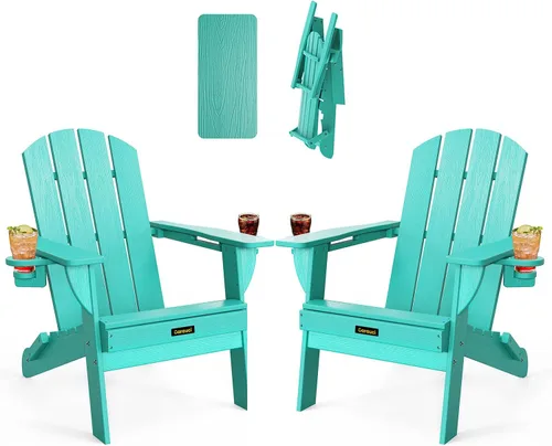 Miniatura 13 de Silla Adirondack Plegable, Sillas Adirondack de Plástico con Textura de Madera con 2 Portavasos, Silla para Hoguera de HDPE Resistente a