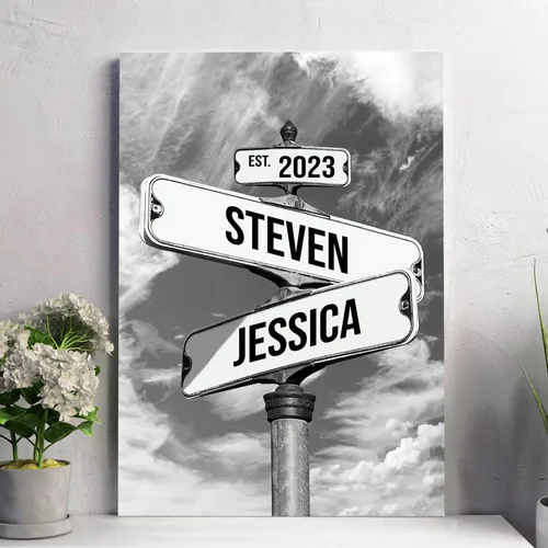 Miniatura 10 de Cartel de calle vintage de lienzo personalizado para parejas, cartel de cruce de caminos con nombre personalizado, el mejor regalo para parejas
