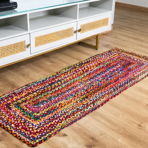 Miniatura 14 de RAJRANG Alfombra ovalada trenzada a mano de 2 x 3 pies, multicolor, bohemio, reversible, rústica, de algodón, alfombra Chindi geométrica