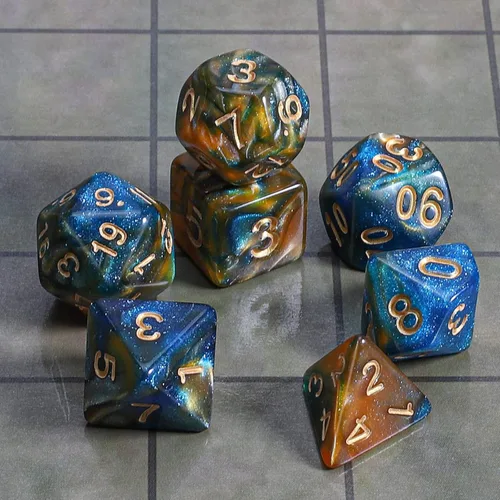 Miniatura 2 de CiaraQ DND - Juego de dados poliédricos con una bolsa de dados negra para juegos de mesa de rol D&D RPG MTG Azul mezclado con marrón + purpurina