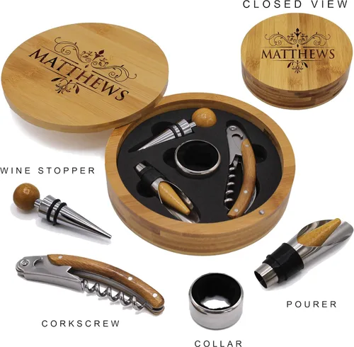 Miniatura 3 de My Personal Memories Juego de herramientas de abrebotellas de vino de madera de bambú personalizado 4pc - REDONDO