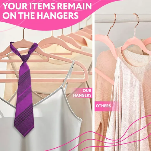 Miniatura 5 de Perchas de terciopelo, perchas antideslizantes para ropa, diseño fino rosa, gancho cromado giratorio de 360°, hombros con muescas, 17.5 pulgadas