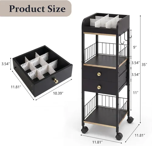 Miniatura 3 de Makeup Organizer Cart, Rolling Floor Skincare Organizer and Storage with 2 Wooden Drawers, Cosmetics Display Cases Holder for Skin Care Perfume Hair