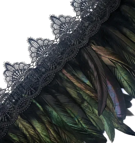 Miniatura 6 de L'VOW Abrigo de plumas negras para mujer, con cuello de encaje, para Halloween, para mujer