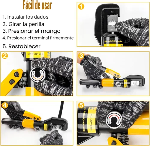 Miniatura 7 de YUZES Herramienta de Prensado Hidráulica de 10 Toneladas, Herramienta de Crimpado de Cable de Batería de 12 AWG a 2/0 con 9 Troqueles, Kit