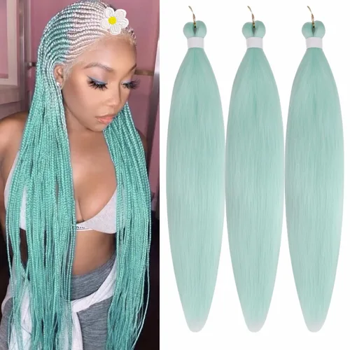 Miniatura 47 de Cabello trenzado verde azulado preestirado, hipoalergénico, sintético, color azul aguamarina, para trenzas y giros, extensiones de cabello largo