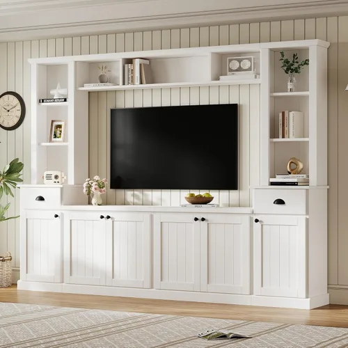 Miniatura 14 de Merax Minimalist 103" Entertainment Wall Unit Set with Overhead Bridge for TVs Up to 75", Modern Large Media Console with Adjustable Shelves, Ample