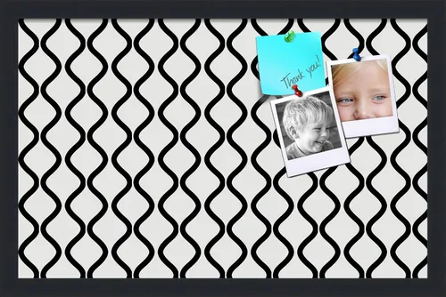 Miniatura 48 de PinPix Tablero de anuncios de corcho de 13 x 13 pulgadas. Este tablero decorativo enmarcado viene con diseño de ondas en blanco y negro y un marco