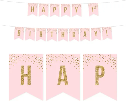 Andaz Press Colección de fiesta de primer cumpleaños de niña con purpurina rosa rubor, pancarta colgante con cuerda, feliz primer cumpleaños, 5