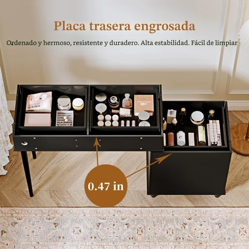 Miniatura 3 de Ieejdn Negro, Escritorio de tocador con espejo y luces, Tocador de maquillaje con toma de corriente y gabinete ajustable, Mesa de maquillaje moderna