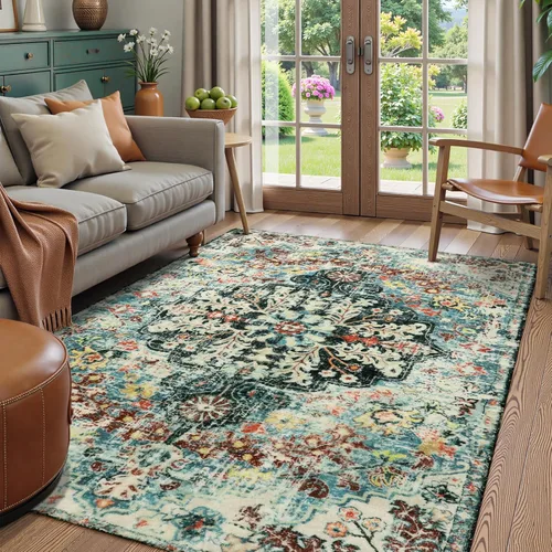 Lahome Alfombra bohemia con medallón floral, 4 x 6 pies, color verde azulado, suave, lavable, antideslizante, apta para mascotas, alfombra