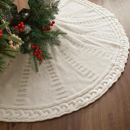 Miniatura 7 de Falda de árbol de Navidad de 48 pulgadas: Falda de árbol de punto de cable trenzado en diamante para árbol de 7.5 pies, falda de árbol blanco crema