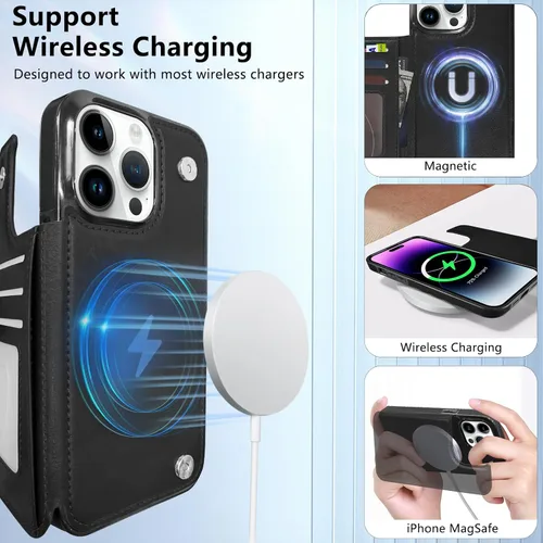 Miniatura 4 de Funda magnética tipo cartera con tapa para iPhone 14Pro Max de 6.7 pulgadas, compatible con MagSafe, soporte de cuero con soporte para tarjetas