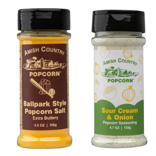 Miniatura 48 de Amish Country Popcorn Paquete variado de condimentos Queso cheddar – 5.1 oz y queso cheddar blanco – Condimento de palomitas de maíz de 3.8 onzas