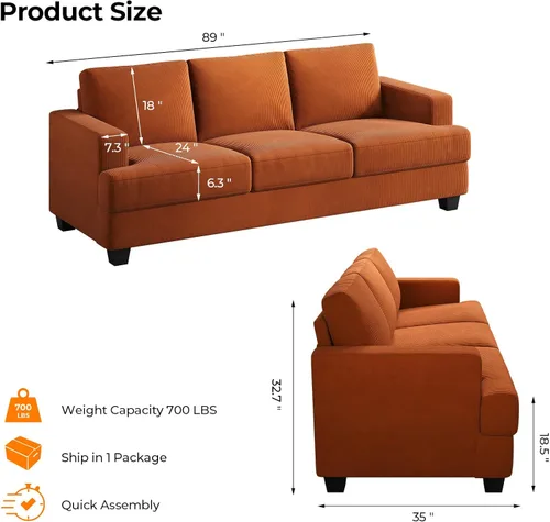 Miniatura 2 de COPIAE Sofá de 89 pulgadas con asientos extra profundos de gran tamaño, sofá de 3 plazas para sala de estar, sofá y sofá modernos, cómodos Óxido