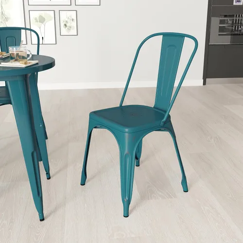 Miniatura 13 de Merrick Lane Banks - Silla apilable de comedor, marco de metal azul antiguo, acabado con recubrimiento en polvo envejecido, respaldo de listones