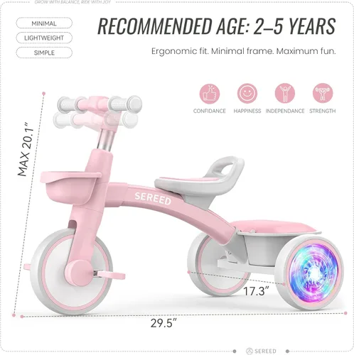 Miniatura 8 de SEREED Triciclo de iluminación colorida para niñas de 2 a 5 años, triciclo ajustable con asiento y manillar, cesta extraíble, idea de regalo de Rosa