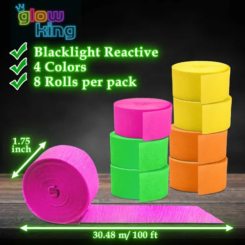 Miniatura 3 de Glow King Serpentinas de luz negra, paquete de 8 rollos fluorescentes de 100 pies, papel crepé neón reactivo a los rayos UV de alta calidad, regalo
