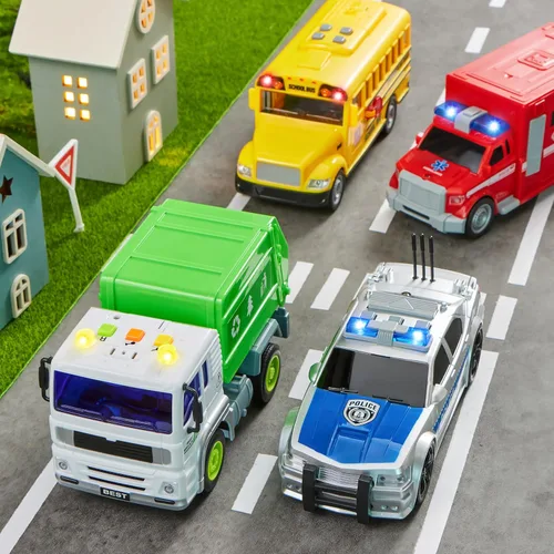 Miniatura 9 de JOYIN Juego de 4 piezas de vehículos de 7 pulgadas de largo, autos para niños pequeños con luces y sonido de sirena, incluyendo coche de policía