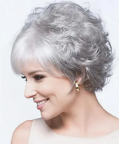 SEVENCOLORS Pelucas cortas grises para mujeres blancas, pelucas de corte Pixie plateado natural rizado con flequillo, pelo sintético, peluca gris