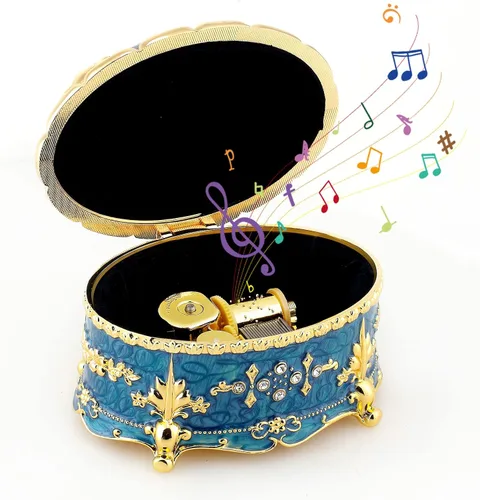 Miniatura 11 de ROSIKING Caja de música de aleación de metal en relieve en forma de corazón azul, caja musical antigua para joyería con cuerda, regalos