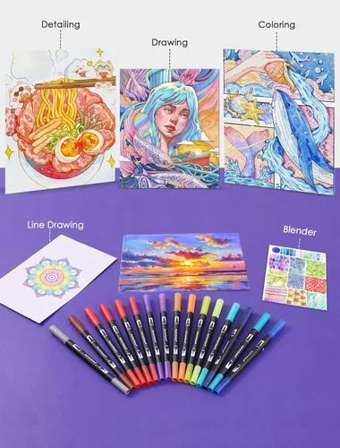 Miniatura 5 de TOSHARE Marcadores de acuarela de 36 colores y punta fina de doble punta para libros de colorear para adultos, bolígrafos de pintura sin sangrado