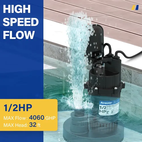 Miniatura 4 de Acquaer Bomba de sumidero de 1/2 HP, bomba sumergible de agua limpia/sucia de 4060 GPH con interruptor de flotador ajustable para piscina de jardín