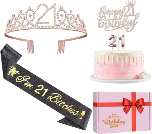 Miniatura 52 de Decoraciones de cumpleaños de 24 años para mujeres, incluyendo banda de cumpleaños, tiara/corona, velas numéricas y decoración de pastel, regalos