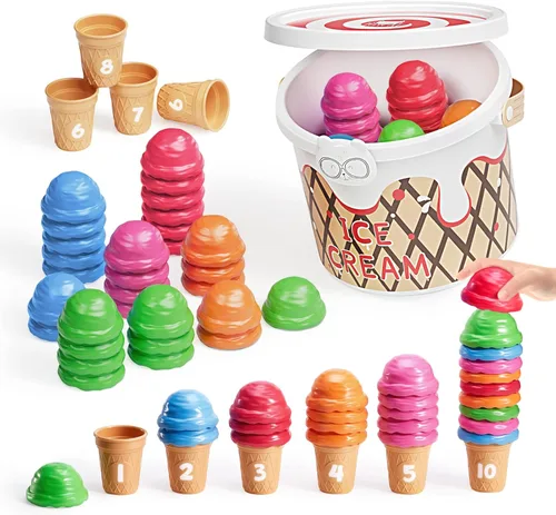 JoyCat Juego de actividades de aprendizaje preescolar para helados, conteo y clasificación de colores, juguetes apilables para niños de 3 a 5 años,