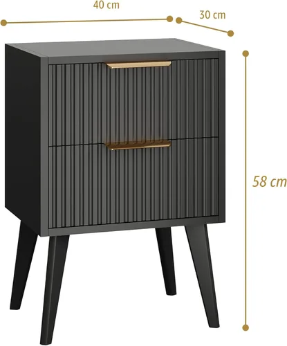 Miniatura 3 de YAUKOMEL Mesita de noche negra pequeña, mesita de noche moderna de mediados de siglo, mesita de noche con 2 cajones, mesa auxiliar acanalada
