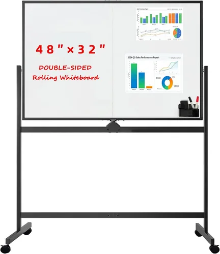 Miniatura 8 de Pizarra blanca móvil de grado industrial de 32 x 48 pulgadas de borrado en seco con soporte rodante con cerradura, pizarra blanca magnética de doble